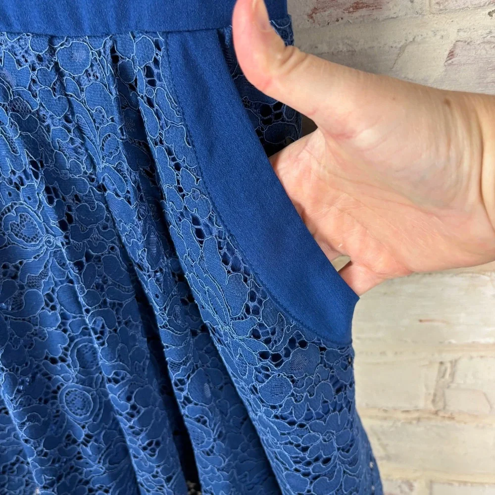 Free People Lovely in Lace Cobalt Mini Dress XS V-Neck Crossover Keyhole Pockets